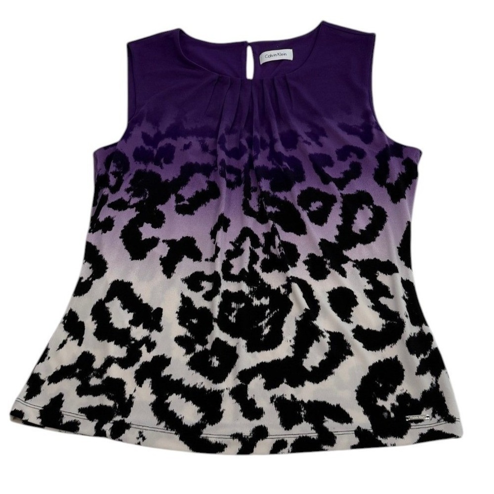 Calvin Klein Purple Ombre Leopard Print Pleated Shell Top Women's Large - Picture 2 of 6